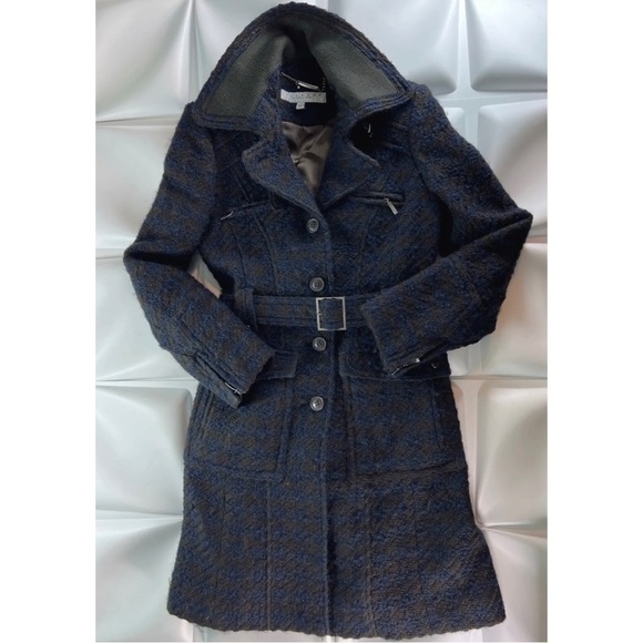 Laundry by Shelli Segal Womens Sz 6 Long Blue Tweed Houndstooth Wool Belted Coat - Picture 3 of 11